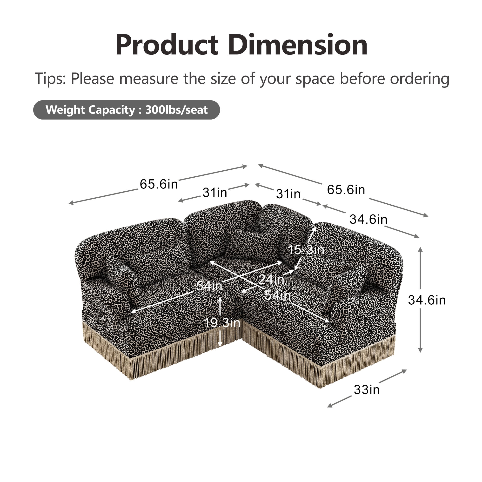 3 Seat Loveseat Sofa L Shaped Corner Couches Leopard Chenille Sofa Couches with Tassel and 2 Pillows