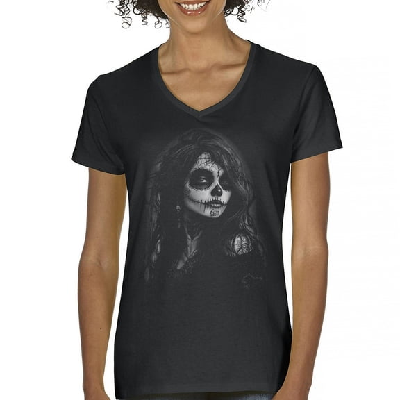 Web Sugar Skull Women's V-Neck T-shirt Black White Monochrome Gothic Beauty Elegant Day of the Dead Dia de Los Muertos Tee