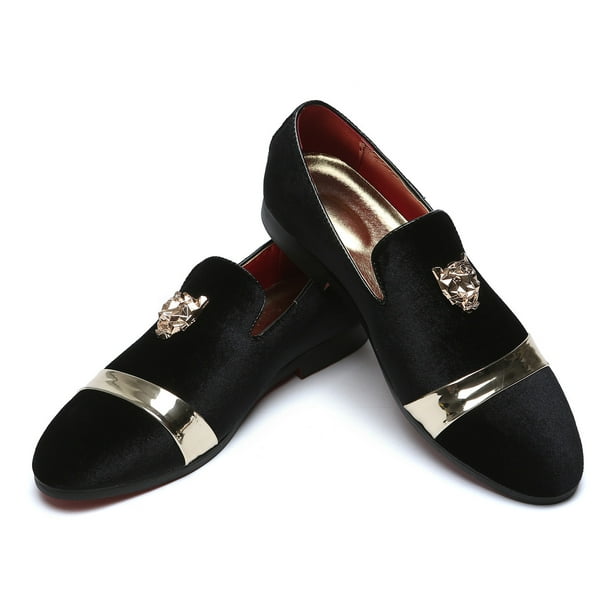 NEW NEW Black Velvet Men’s Slip-On Loafers with Gold Emblem Mens Black Velvet Loafers Gold Crest Studded Toe Slip On  main image 2