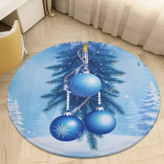 Blue Christmas Ornaments on Snowy Branches Round Area Rugs for Bedroom Living Room, 3FT Soft Indoor Circle Carpets, Carpet Home Decor Floor Mat