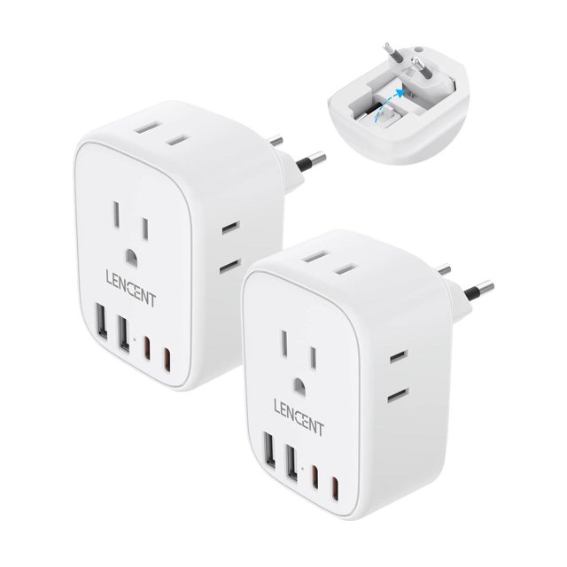 Adaptador de Enchufe de Viaje LENCENT Blanco con 4 Salidas de CA y 4 USB para Europa