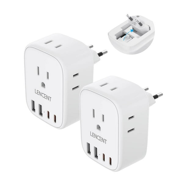 Adaptador de Enchufe de Viaje LENCENT Blanco con 4 Salidas de CA y 4 USB para Europa