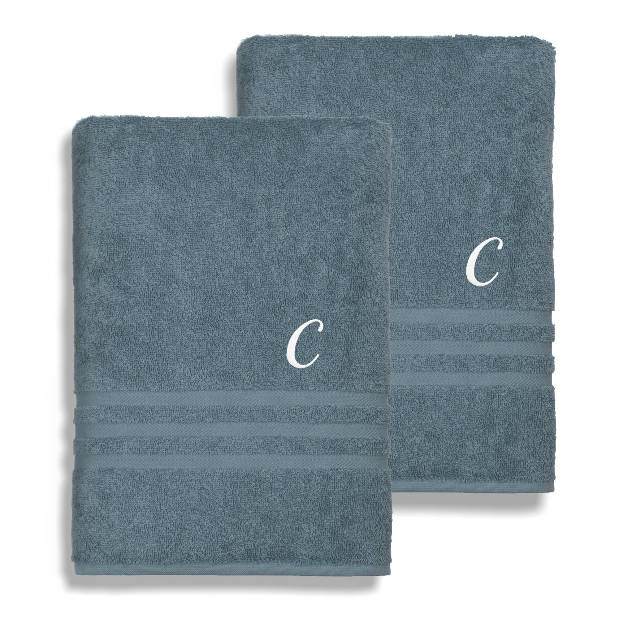 Authentic Hotel and Spa Omni Turkish Cotton Terry Set of 2 Medium Blue Bath Towels with White Script Monogrammed Initial C