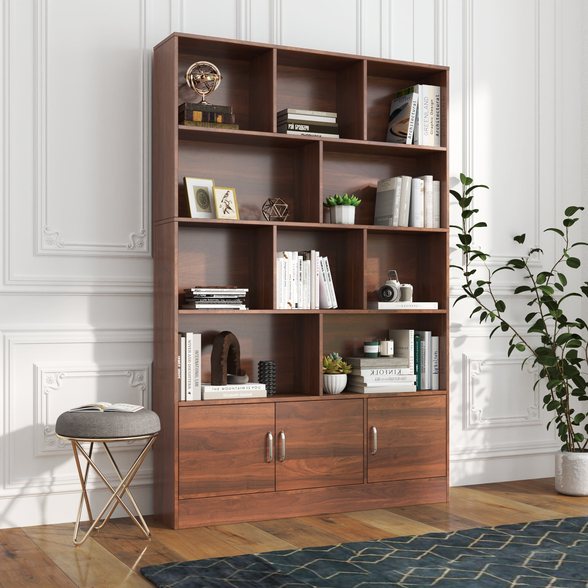 70.87" Tall Bookshelf 10-Cube 4-Tier Open Shelf Bookcase with Cabinet, Black