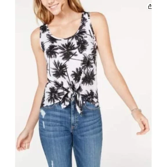 Rebellious One Juniors' Printed Tie-Front Tank Top White/Black Medium