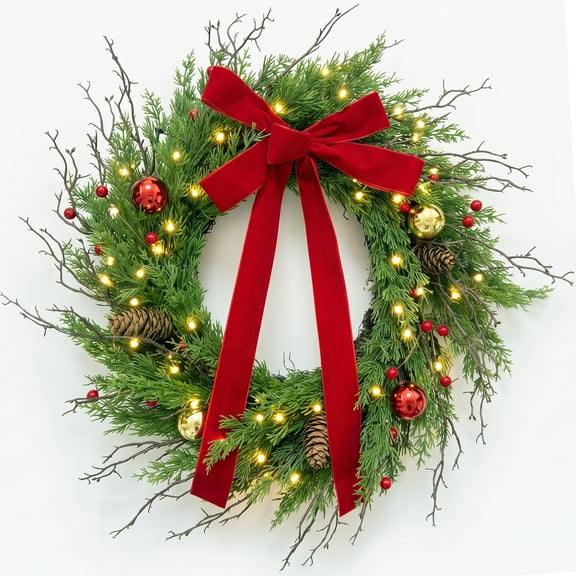 CHHYVKUIN 24 Inch Norfork Christmas Wreath Battery Lighted Artificial Xmas Detachable Bow Wreath with Red Berries Natural Pine Cones Indoor Outdoor Farmhouse Holiday Decor