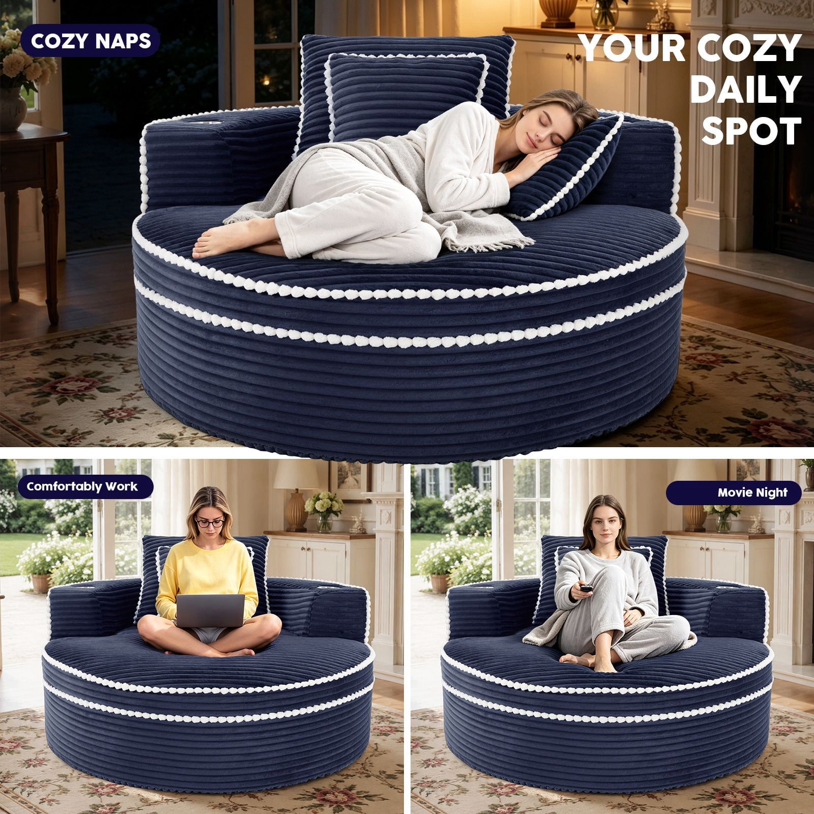 Lunale 54" Oversized Chaise Lounge Chair Indoor, Round Boneless Cloud Couch, No Assembly Required, Accent Reading Chair for Living Room, Blue Corduroy