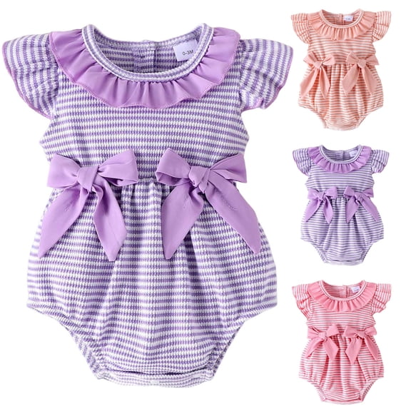 WUANDIXFA Summer Baby Girl Clothes Daisy Print Outfit Ruffle Sleeve Bubble Romper 3D Bow One Piece Outfits (Purple, 6-12 Months)