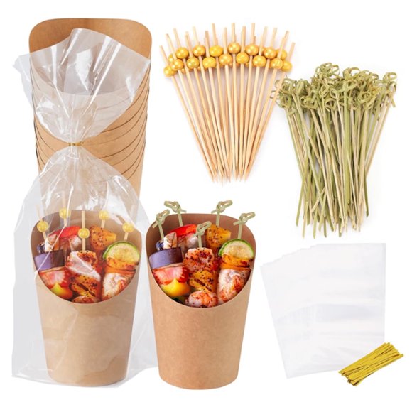 50 Pack Party Paper Cups Set Includes 50 Bevel Cups, 200 Bamboo Sticks, 100 Packaging Bags & 100 Cable Ties – Perfect for Events, Birthdays and Celebrations