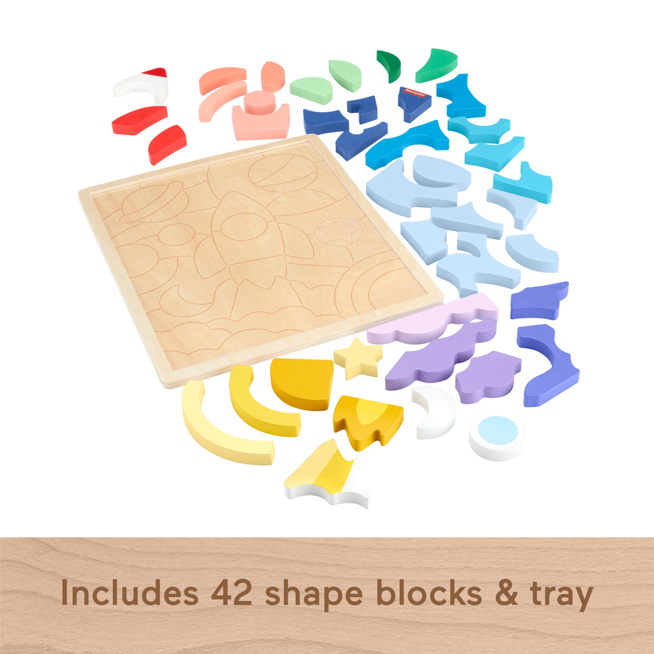 Fisher-Price Wooden Space Blocks Jigsaw Puzzle for Preschool Kids, 42 Wood Pieces to Stack & Sort