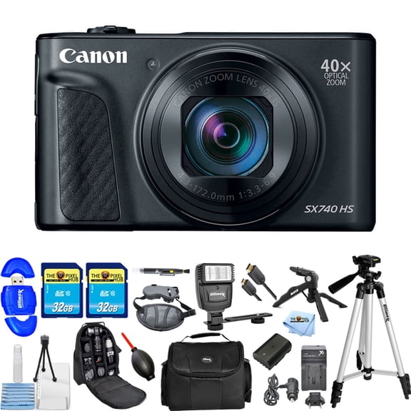 Canon PowerShot SX740 HS Digital Camera (Black) International Model Battery 64GB Flash Bundle