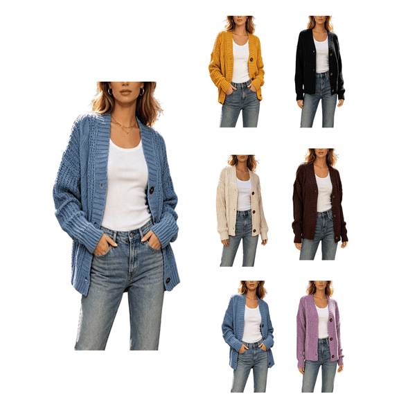 Atkumj Knit Sweater for Women Stylish V Neck Cable Knit Button Up Sweater Casual Loose Solid Color Womens Cardigan for Everyday Outfit S