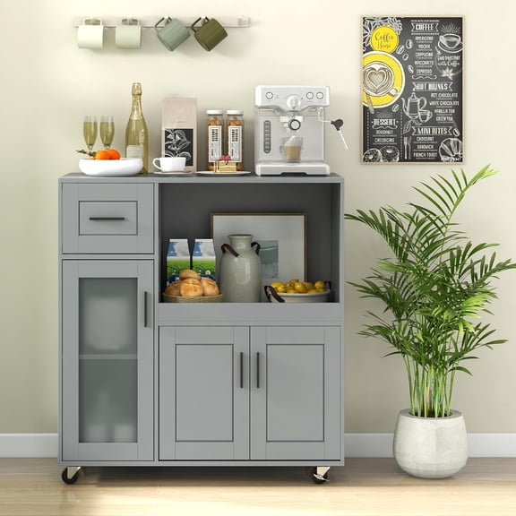Rolling Kitchen Island Cart on Wheels, Mobile Kitchen Cart with Drawer, Open Shelf and Glass Door Cabinet, Microwave Stand Cart, Portable Kitchen Island for Kitchen, Dining Room, Grey