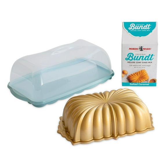 Nordic Ware Fluted Loaf, Loaf Cake Keeper, & Salted Caramel Quick Bread Mix