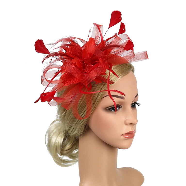 Gorgeous Red Feathers Bow Clip Headband Fascinator Hat Holidays Church Tea Party Amazon.com : Needzo Fascinator for Women, Derby, The Oaks  main image 2
