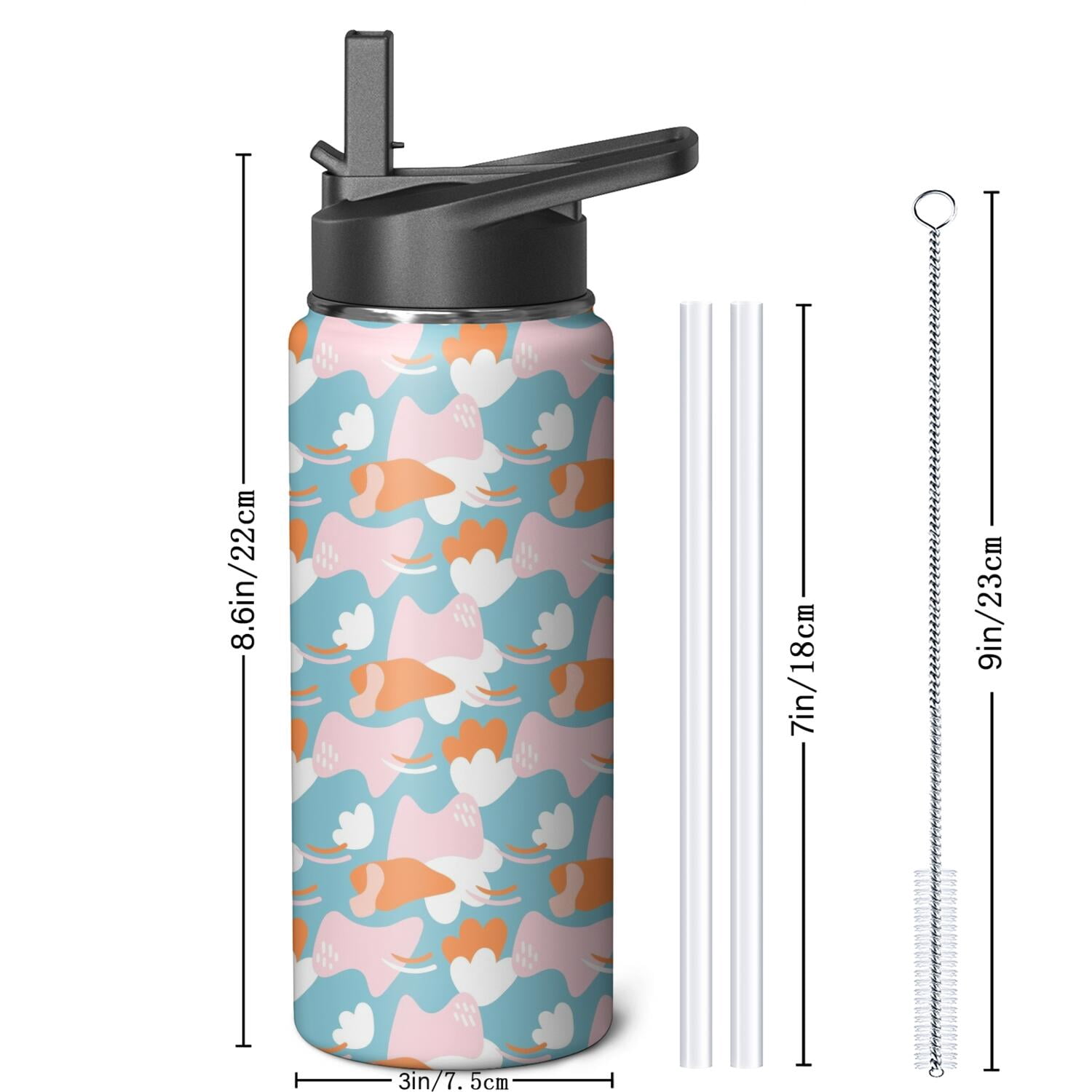 Modern 18 oz Insulated Stainless Steel Water Bottle with Straw & Cleaning Brush , Leakproof, BPA-Free, 304 Stainless Steel, Wide Mouth, Travel Mug for Car, Gym, Office