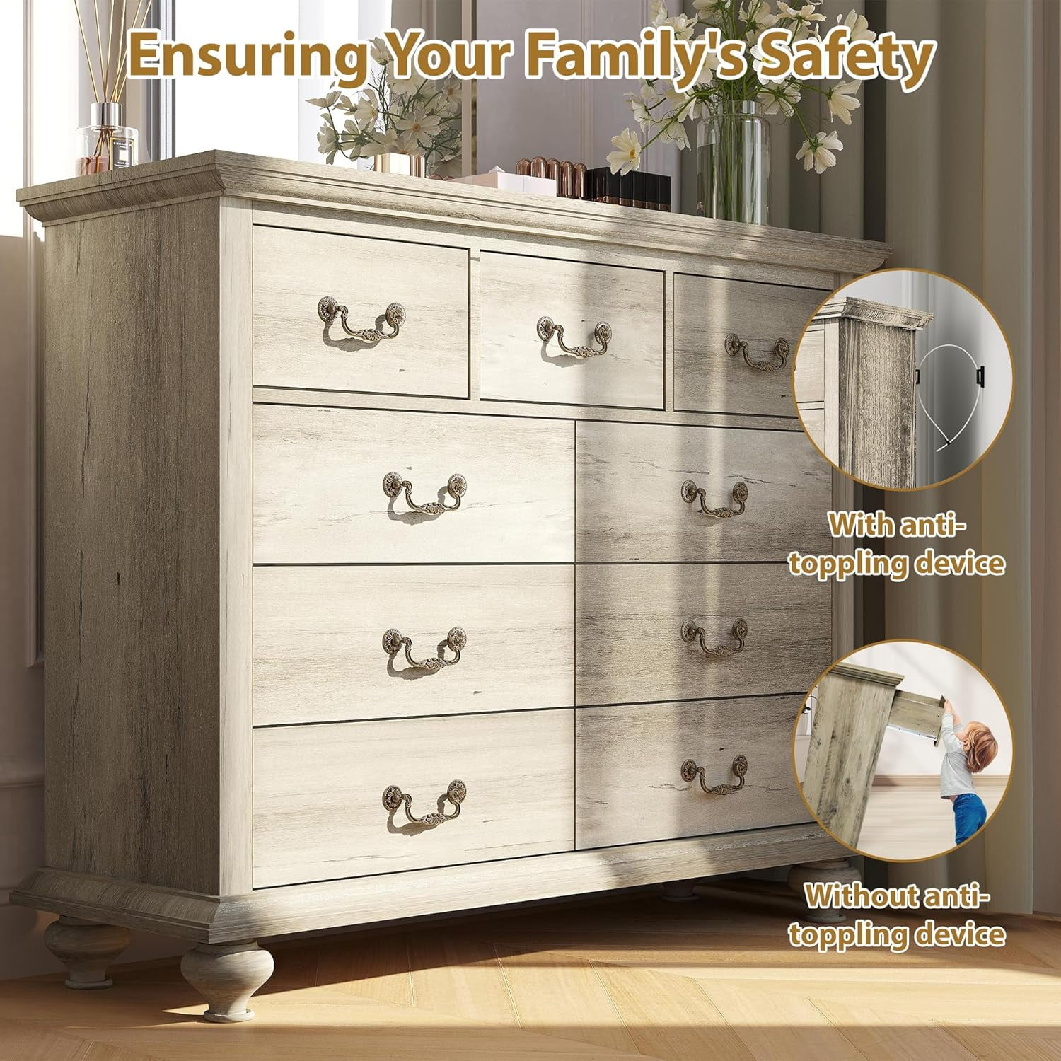 9 Drawer Dressers for Bedroom,Farmhouse Dresser with 6 Solid Wood feet,63" Wide  Wooden Chest of Drawers for Bedroom,Living Room, Hallway - Walmart.com