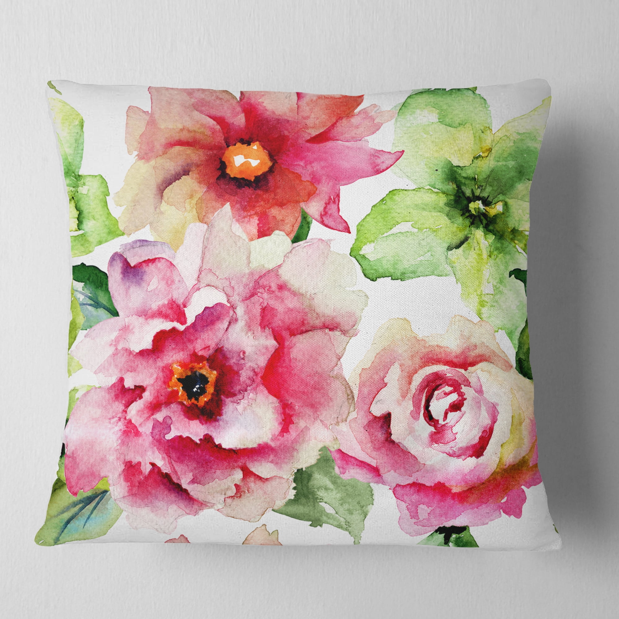 Designart Roses and Gerber Flowers Watercolor - Floral Throw Pillow - 16x16