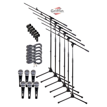 - Microphone Boom Stand Package with Cardioid Vocal Microphones & XLR Mic Cables (Pack of 6) by Griffin Telescoping Arm Holder with Tripod Mount Handheld Unidirectional Mics for Music Studio Recording