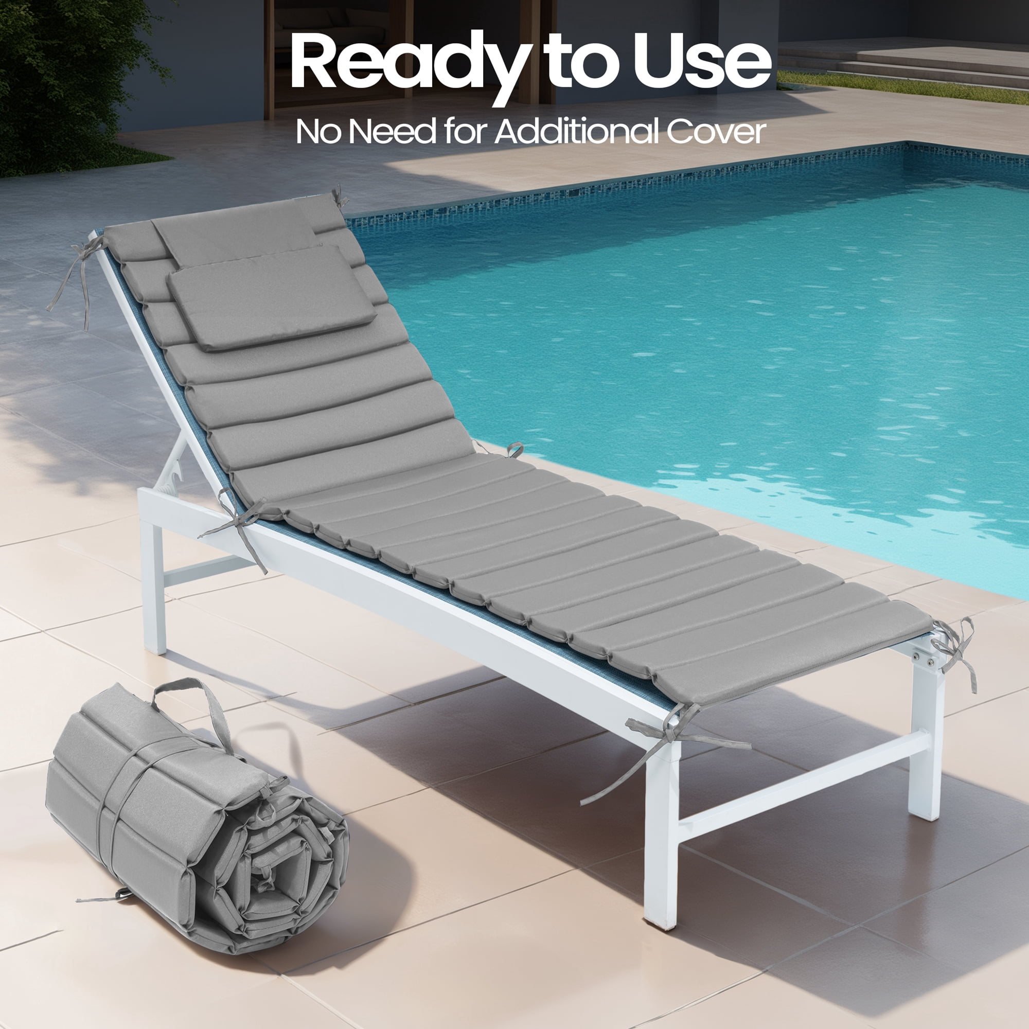 Pellebant Outdoor Set of 2 Chaise Lounge Cushions with Headrest for Patio Furniture,71"L x 23"W x 1"T Light Gray