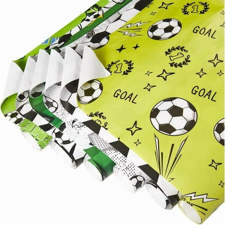 12Pcs 6 Styles Football Gift Wrap Roll Soccer Wrapping Paper Folded Flat White Black Sports Soccer Ball Print Art Paper for Theme Birthday Party Season Games Gift Wrapping Crafts 20 x 27 inch DIY