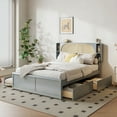thumbnail image 3 of Harper & Bright Designs Queen Size Rattan Platform Bed Frame with Headboard & Trundle, Wood Bed Frame with Shelves and Drawers, Gray, 3 of 13