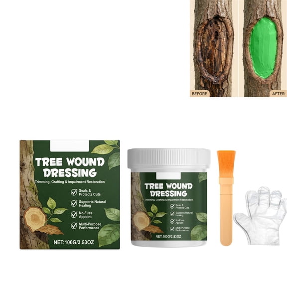 Tree Wound Sealer 100g, Pruning Sealer with Brush Applicator, Tree Trunk Paint & Protective Film – Rapid Bark Repair Sealant for Fruit Tree, Bonsai, Rose & Shrub Maintenance, Green Formula