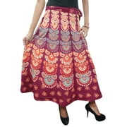 Mogul Women's India Skirt Pink Block Printed Cotton Wrap Around Skirt
