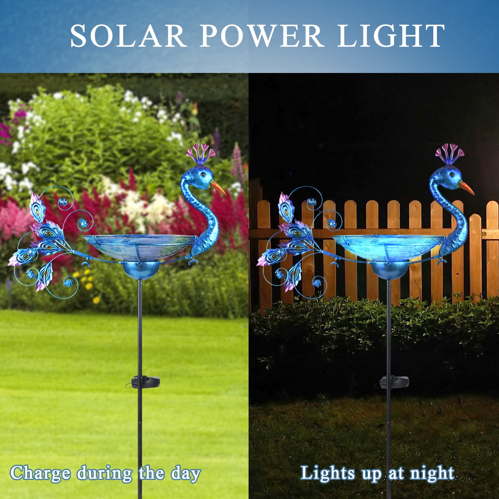 Outdoor Bird Bath Solar Light Birdbath Small Birdfeeder with Peacock Metal Stake for Garden Yard Decor