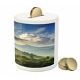 thumbnail image 3 of Nature Piggy Bank, Rising Sun Clouds over Forest Hill Woodland Idyllic Countryside View, Ceramic Coin Bank Money Box for Cash Saving, 3.6" X 3.2", Olive Green Blue Yellow, by Ambesonne, 3 of 4