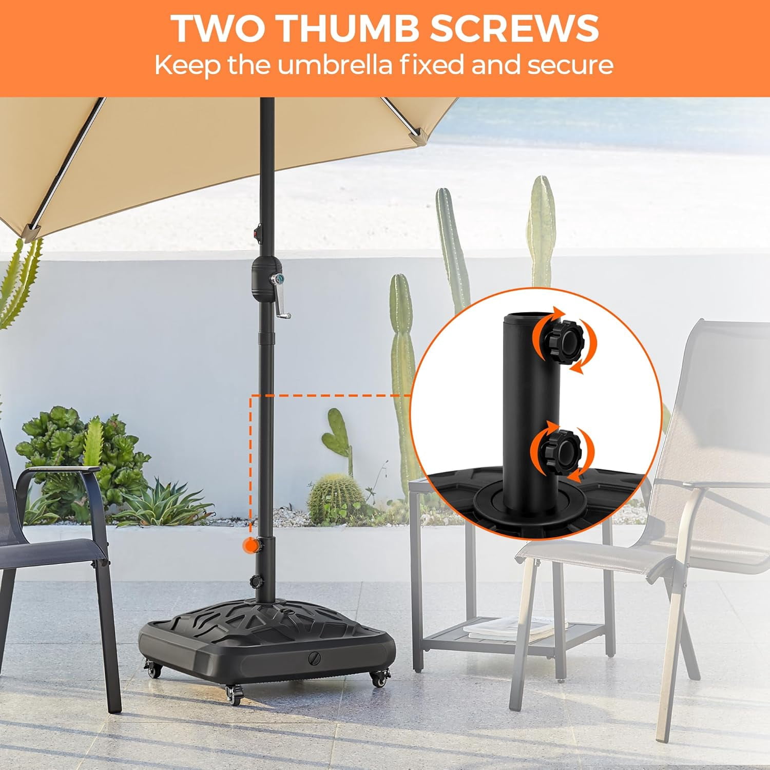 WJSP Fillable Mobile Umbrella Base Black Checkered 22.24x22.24x16.93in Heavy Duty 4 Wheels 4 Locks 123lb Capacity for Patio Deck Poolside Garden