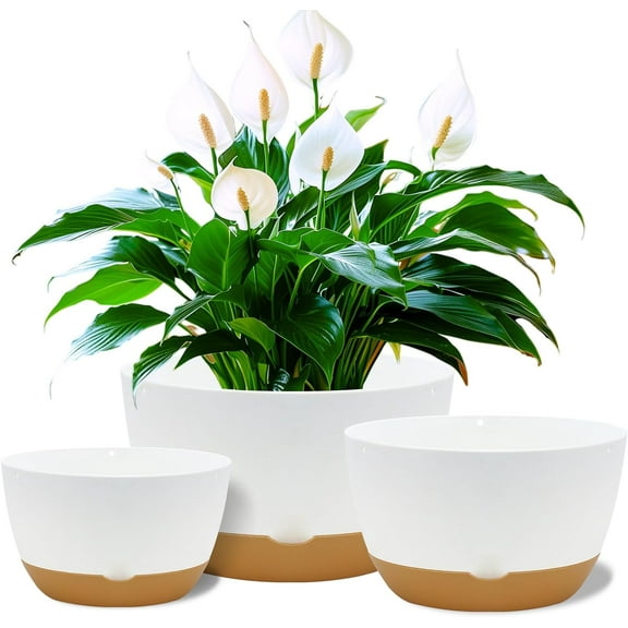 8/10/12 Inch Pots for Indoor Plants, Large Self Watering Planters with Drainage and Saucers, Plastic Outdoor Flower Pot, Set of 3, White