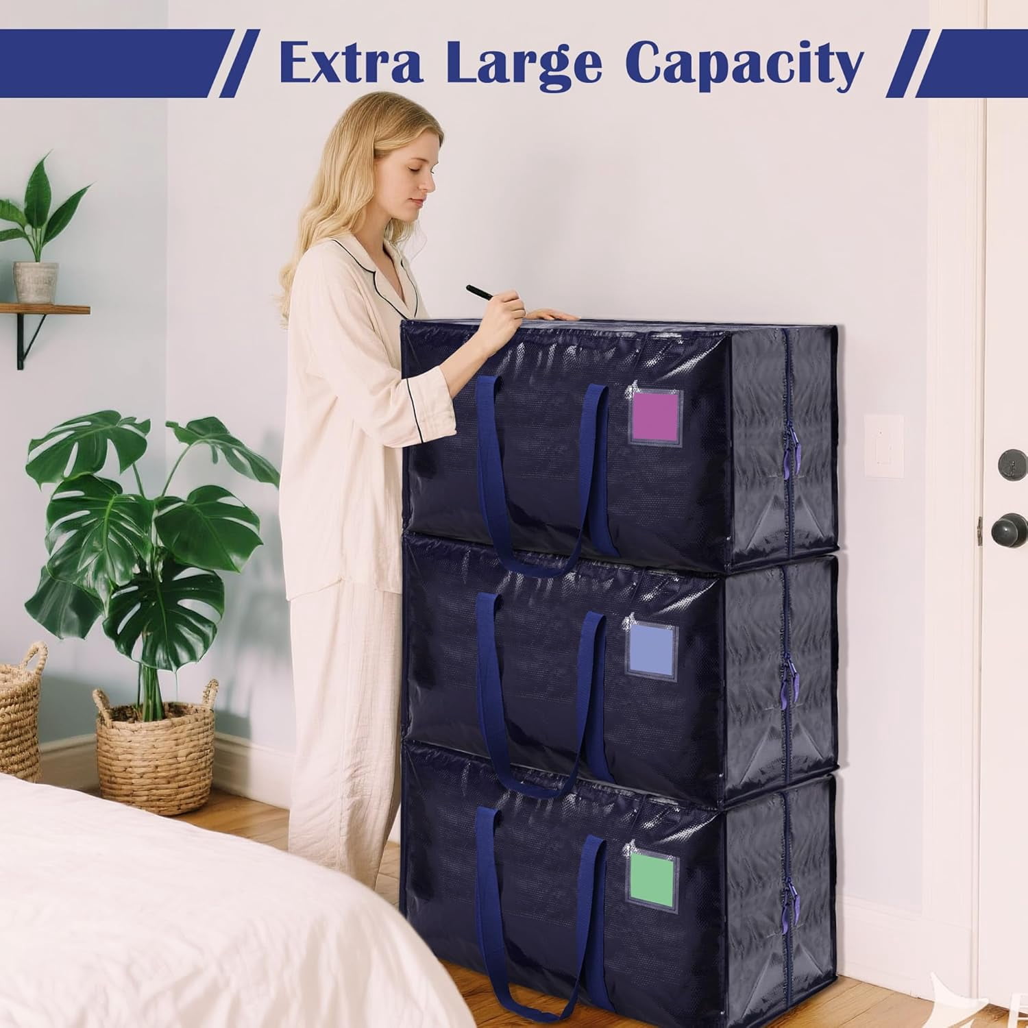 Extra Large Heavy Duty Moving Bags, 12 Pack with Reinforced Zipper & Wide Handles, Moisture-Resistant Storage Bins Packing Cubes for Clothes, College Dorm, Travel, and Home Organization, Dark Blue