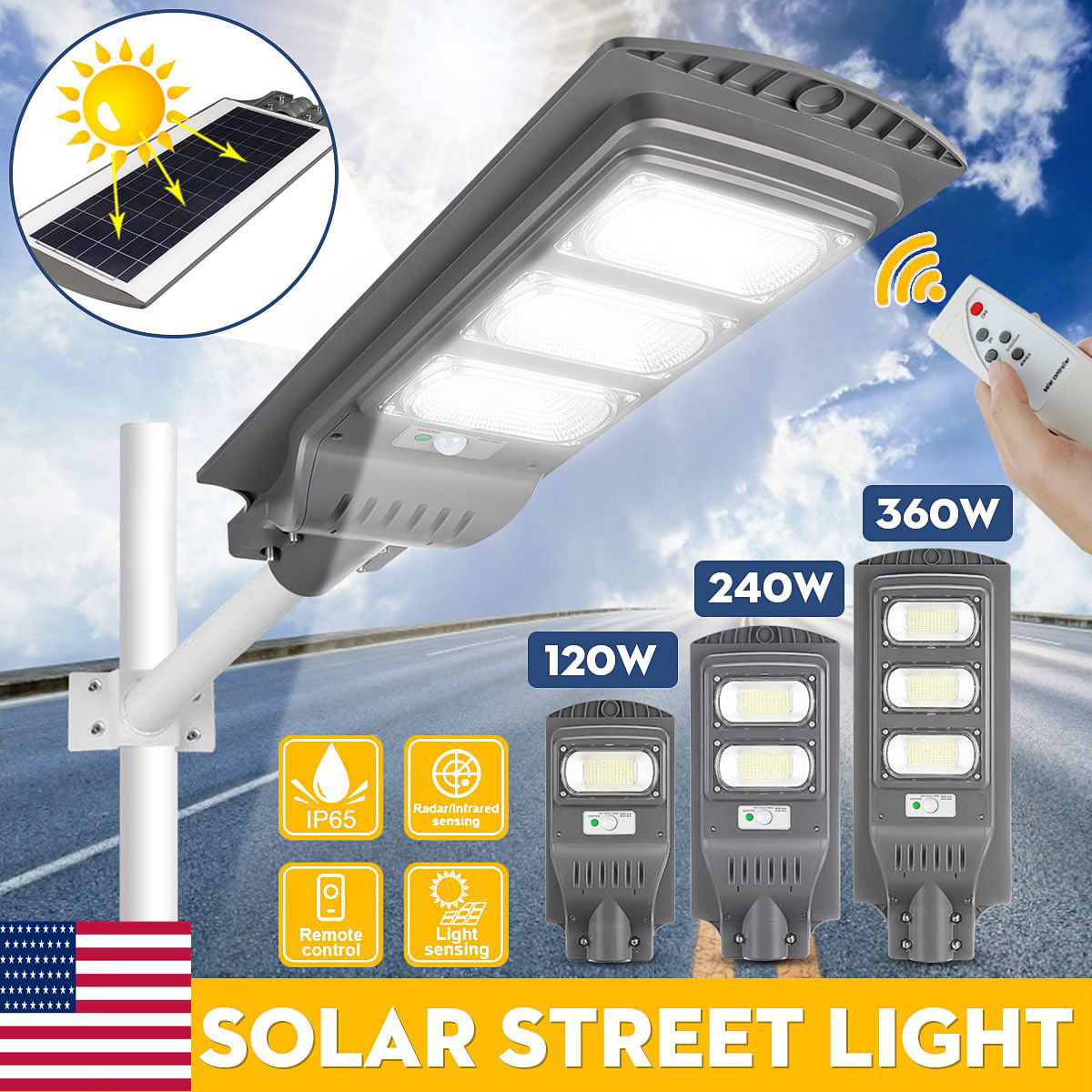 Outdoor LED Solar Street Light IP65 Dusk to Dawn Motion Sensor Remote Post Lamp