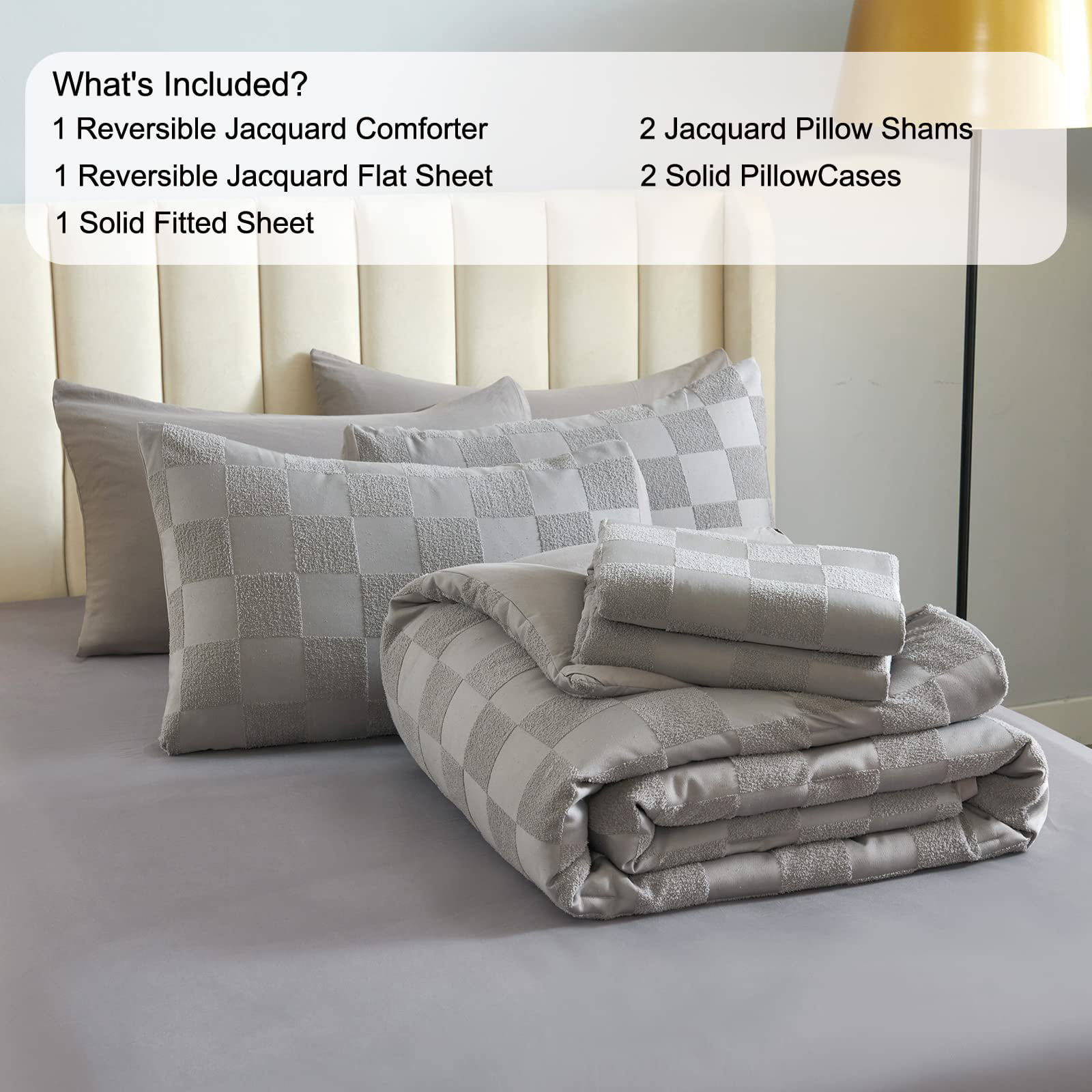BESTCHIC 7 Piece Grid Bed in a Bag, Grey Plaid Comforter Set King Size,  Embroidery Shabby Chic Tufte…See more BESTCHIC 7 Piece Grid Bed in a Bag,  Grey