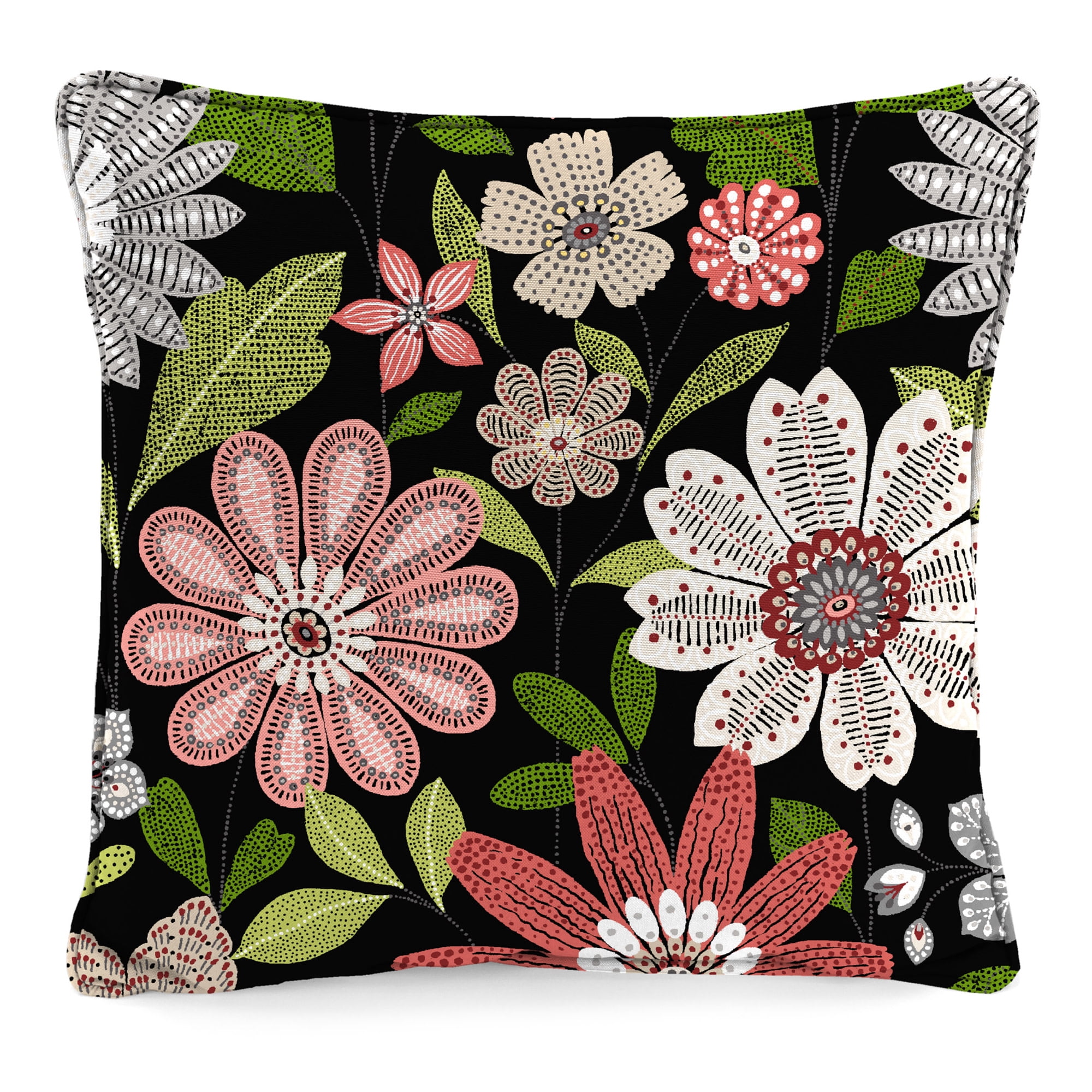 Jordan Manufacturing 16" x 16" Malala Raven Black Floral Square Outdoor Throw Pillow with Welt (2 Pack)