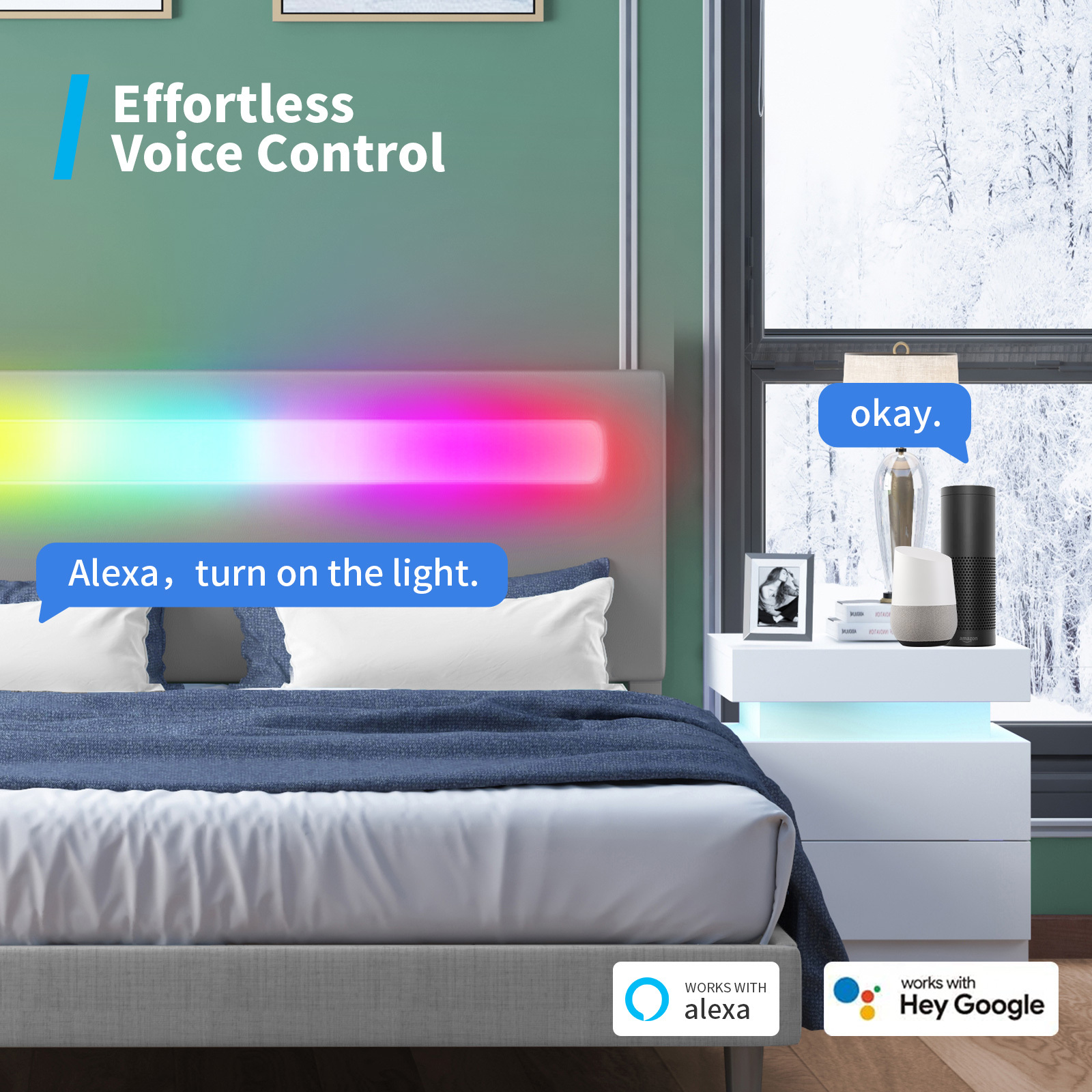 Mjkone Platform Bed Frame with Smart LED Strip Light, Full Size Bed Frame with RGB LED Headboard, RGB LED Light Controlled by Alexa or APP, Full Bed Frames Adjustable Lighting Effects (Full, Grey) - image 5 of 10