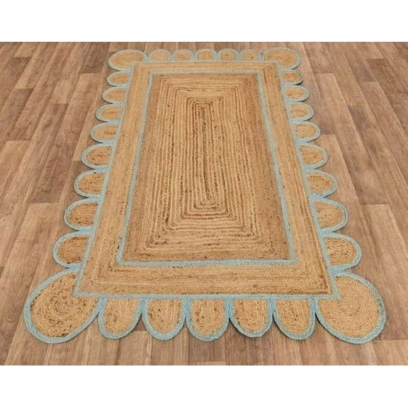 Natural Handwoven Scalloped Jute Area Rug 3x15, Braided Natural Color Area Rug for Living Room, Entryway, Hallway, Kitchen Floor, Under Table 8x10, 9×12, 10×14, 10x16, 10x18