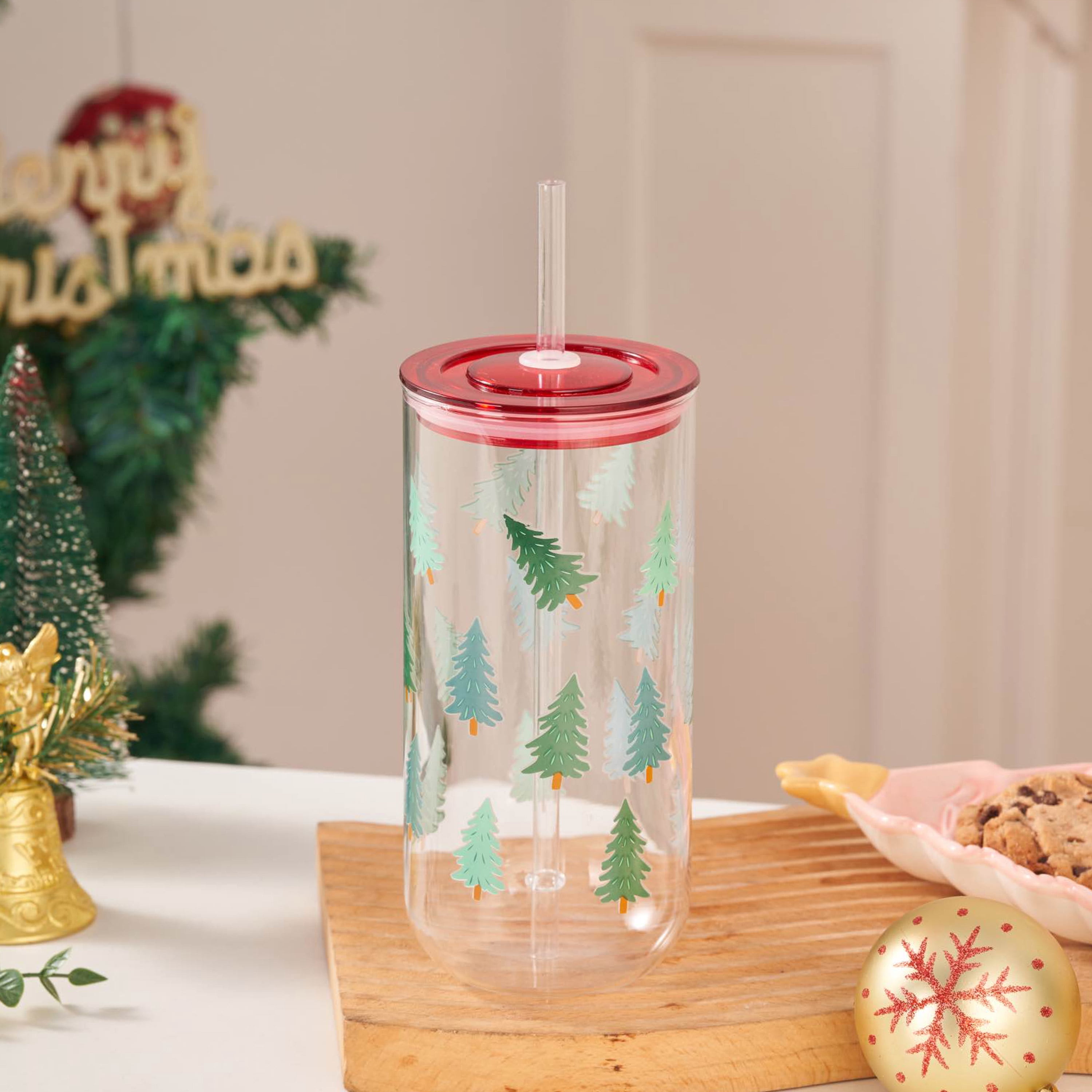 Christmas Trees Can Sipper Glass with Lid 20 OZ Holiday Time