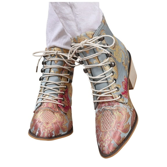 Retro Combat Boots for Women 2025 Ethnic Floral Embroidery Pointed Toe Chunky Heeled Dressy Ankle Booties