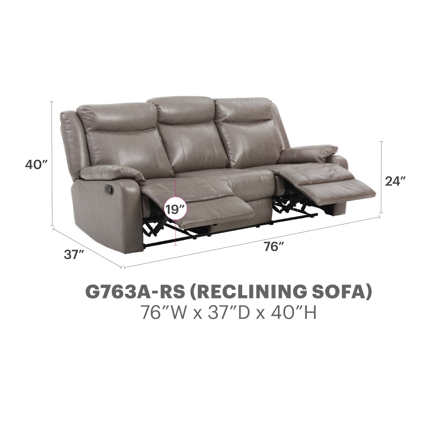 Glory Furniture Ward Faux Leather Double Reclining Sofa in Gray