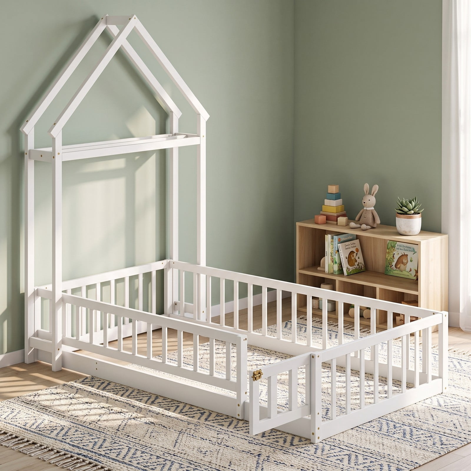 Furnibear Full Size House Floor Bed with House-Shaped Frame and Full-Length Fence Guardrails, Montessori Floor Bed for Kids Room, White
