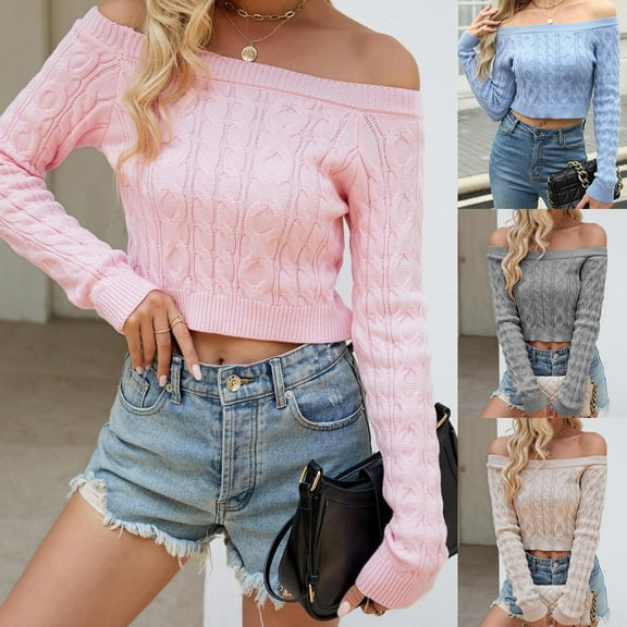 Aboser Off the Shoulder Sweaters for Women Cable Knit Fisherman Tops Trendy Long Sleeve Crop Sweater Lightweight Casual Pullover Fall Winter Jumpers Blue XL