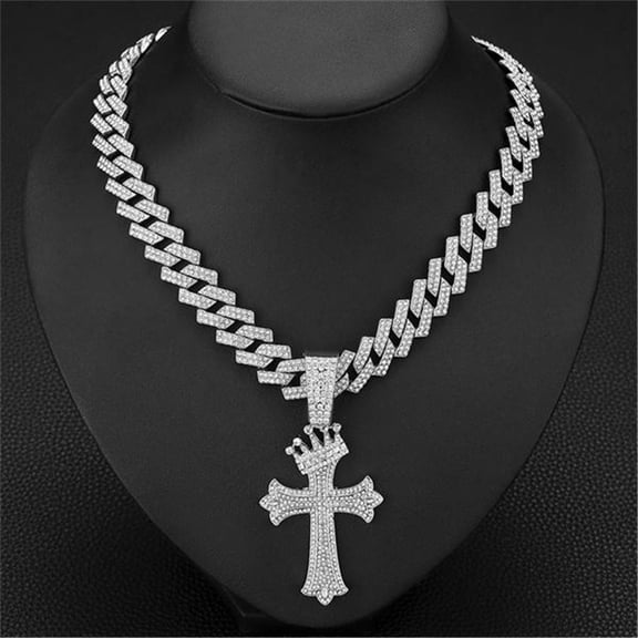 Hip Hop Punk Luxury Rhinestone Crown Cross Pendant Necklace for Women Men 15mm Iced Out Cuban Link Cuban Chain Necklace Charm Jewelry Accessories Fashion Gift