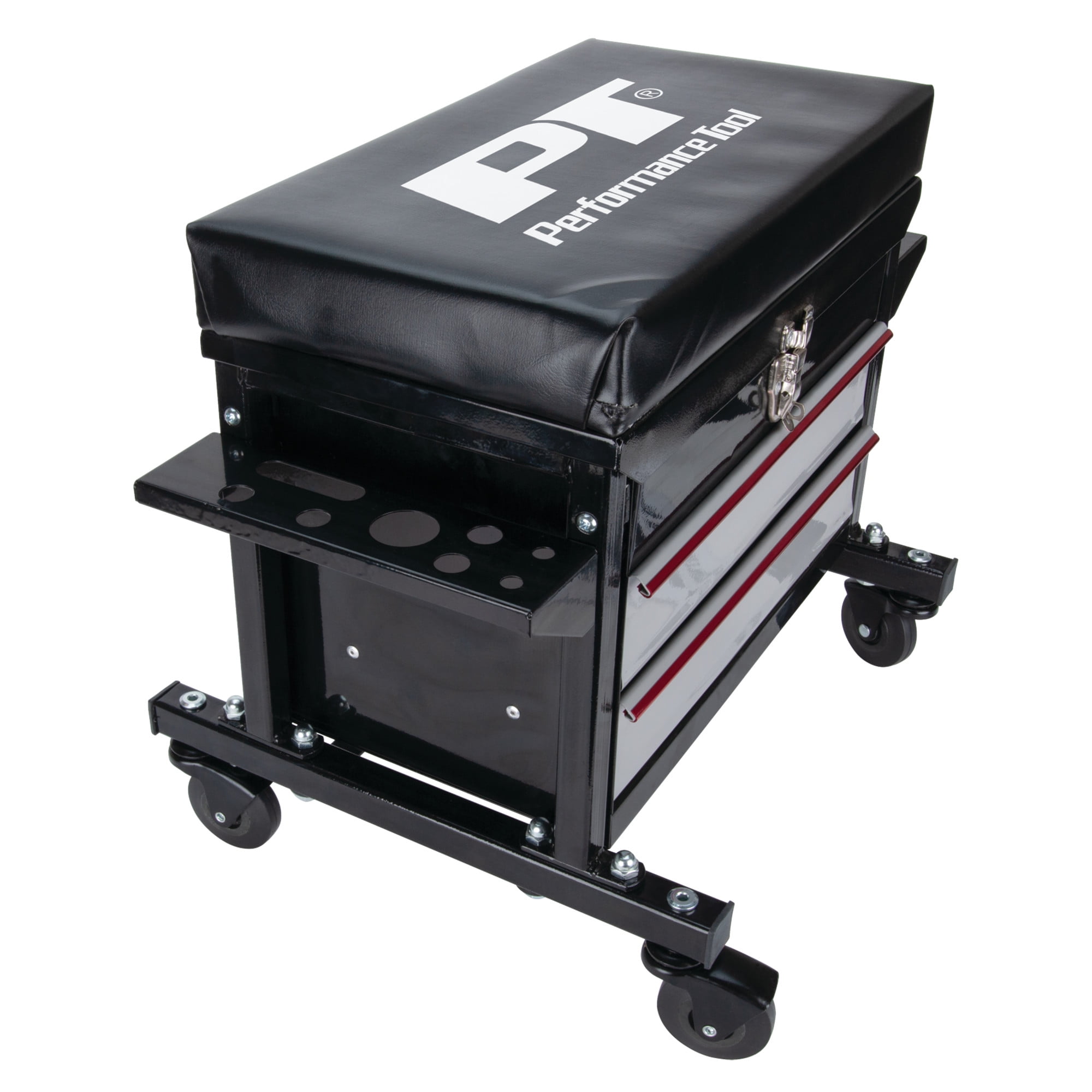 Performance Tool W85024 Drawer 2-Drawer Rolling Toolbox Work Seat - For Mechanic Garages and Workshops, 16x9-inch Seat, Black