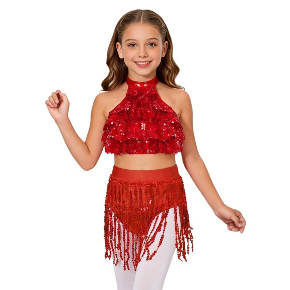 TTAO Girls 2 Piece Dance Outfits Set Jazz Hip Hop Performance Clothes Set Crop Top with Tassel Briefs Skirt Red 10