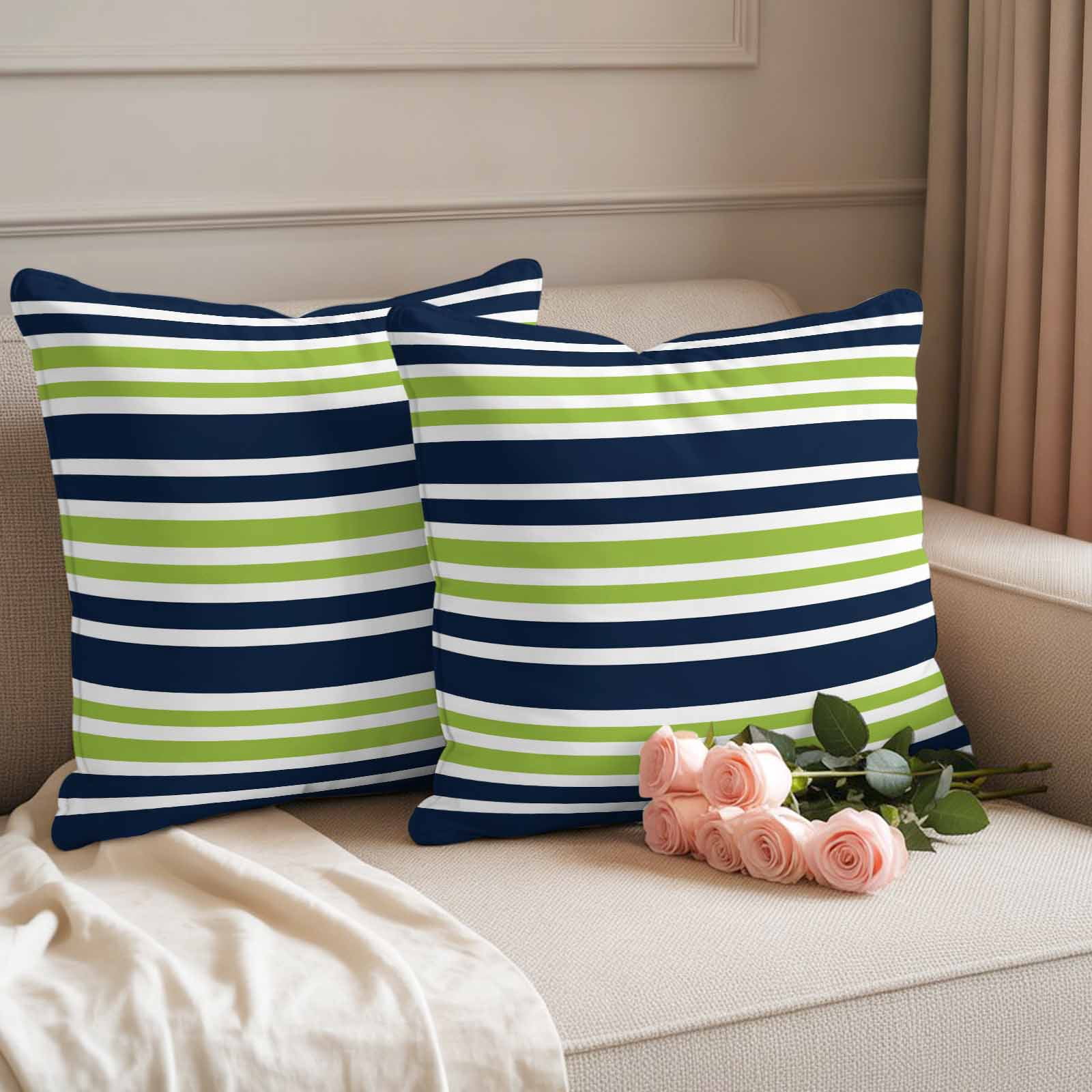 Outdoor Waterproof Pillow Covers Navy Blue Green Stripe Decorative Throw Pillow Protectors,Pillowcase Cushion Cases for Patio Sofa Garden Couch,18x18in,Pack of 2