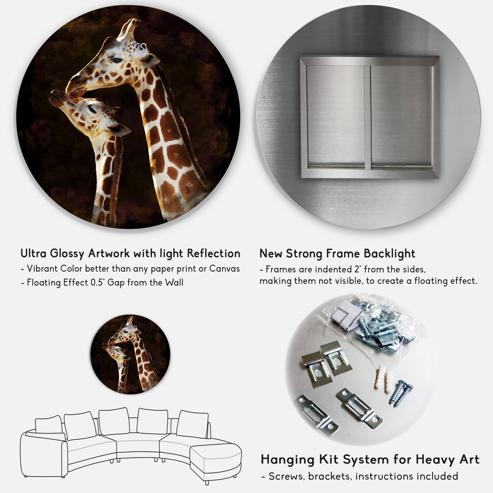 Designart 'Close UP Of Two Giraffes Kissing I' Farmhouse Circle Metal Wall Art 29x29 - Disc of 29