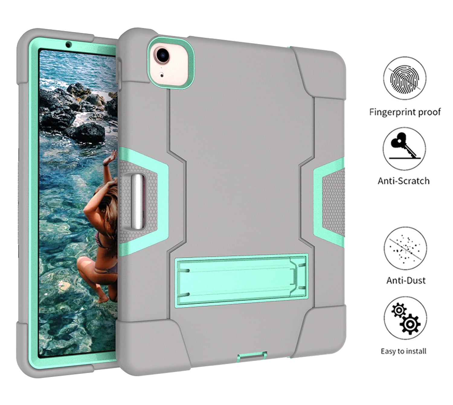 Allytech iPad Air 5 Case 2022, iPad Air 4 Case 2020, Heavy Duty Protection Shockproof Build In Kickstand Pencil Holder Kids Friendly Case for Apple iPad Air 5th 4th Generation, BlackGray/Aqua