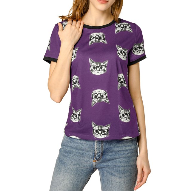 INSPIRE CHIC Women's Short Sleeve Contrast Cartoon Cat Pet Print Tee Ringer T-shirt Tops